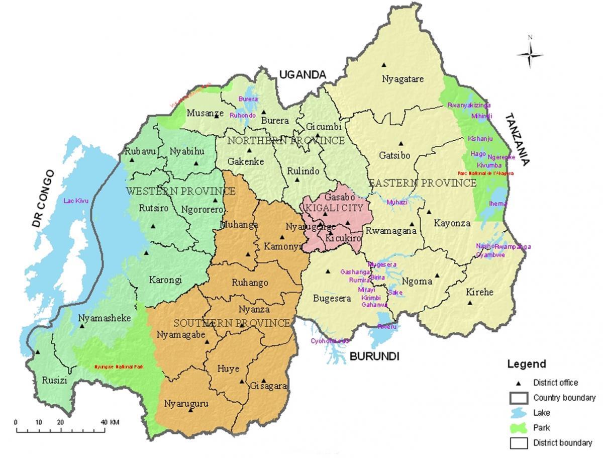 mappa del Ruanda con i distretti e settori